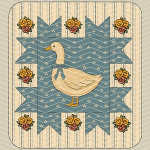 May include: Illustration of a goose wearing a blue bow, centered on a blue and white patterned quilt block. The block is surrounded by yellow and red roses and set against a striped background. The overall design has a vintage, country aesthetic.