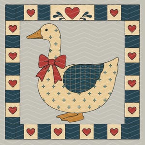 May include: A charming illustration of a duck adorned with a red bow, set against a grey backdrop with a chevron pattern. The duck features a cream-coloured body with blue crosshatch and floral details. A border with hearts frames the image.