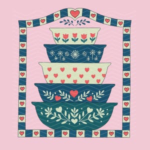Może przedstawiać: Ilustracja pięciu dekoracyjnych misek ułożonych w stos, z wzorami serc i kwiatów w kolorze niebieskim, zielonym i kremowym. Obraz jest oprawiony w niebieską ramkę ozdobioną sercami, na różowym tle. Miski są do serwowania.