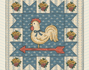 Parche acolchado de gallina de segunda mano, abuela vintage, descarga digital