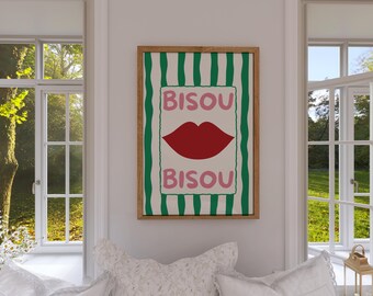 Bisou Bisou lippen kunst aan de muur | Franse chique print | Parijse pop-artposter | Gedurfde typografie woon- en slaapzaaldecoratie