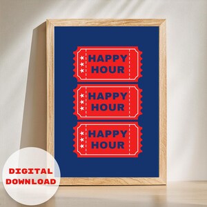 Red Happy Hour Tickets Wall Art | Bar Cart or Kitchen Decor | Instant Download