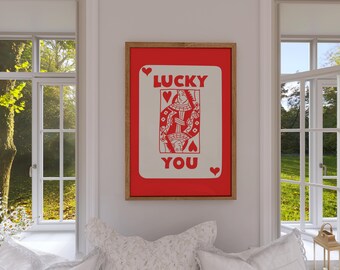Afdrukbare kunst Queen of Hearts: Lucky You Red-speelkaart (digitale download)