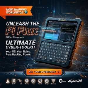 Könnte beinhalten: Ein schwarzes und orangefarbenes Pi Flux Cyberdeck mit Tastatur und Bildschirm, der Daten anzeigt. Der Text "ULTIMATE CYBER-TOOLKIT" und "GET YOUR CYBERDECK" sind ebenfalls sichtbar.