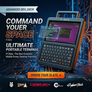 May include: A black and orange Pi Slate portable terminal with a keyboard and screen displaying system information. The text "COMMAND YOUR SPACE" and "ORDER YOUR SLATE" are visible. The device is designed for mobile power and desktop precision.