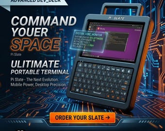 May include: A black and orange Pi Slate portable terminal with a keyboard and screen displaying system information. The text "COMMAND YOUR SPACE" and "ORDER YOUR SLATE" are visible. The device is designed for mobile power and desktop precision.