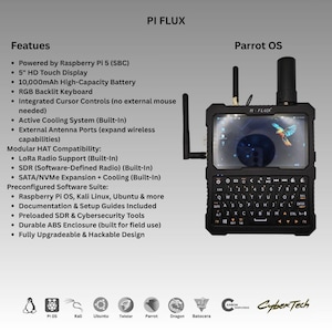May include: A black PI FLUX device with a 5" HD touch display, keyboard, and antennas. Features include a 10,000mAh battery, RGB backlit keyboard, and preconfigured software. The device supports Raspberry Pi OS, Kali Linux, and Ubuntu.