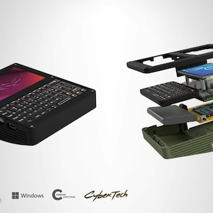 Puede incluir: Un dispositivo Pi Terminal negro con teclado y pantalla, junto con una vista explosionada que muestra los componentes internos. La pantalla muestra un gráfico rojo y morado. El texto "PI TERMINAL" está en la parte superior.