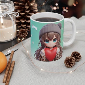Cute Anime Girl Mug - Thank You Heart Design - 11oz Ceramic Gift Cup