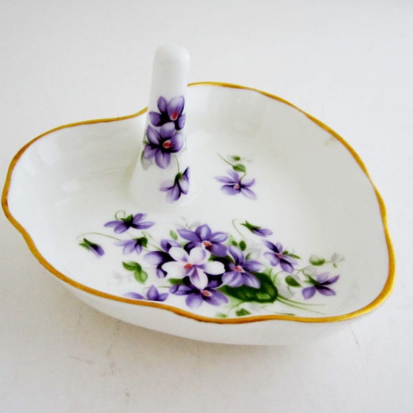 AYNSLEY English Bone China WILD VIOLETS Heart Shaped Ring Dish Jewelery Holder