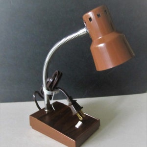 Gooseneck Retro Desk Lamp Brown Shade Faux Wood Base image 2