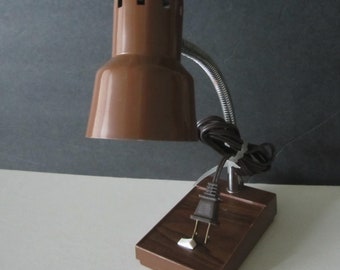 Gooseneck Retro Desk Lamp Brown Shade Faux Wood Base