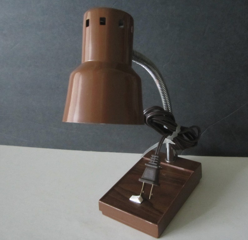 Gooseneck Retro Desk Lamp Brown Shade Faux Wood Base image 1