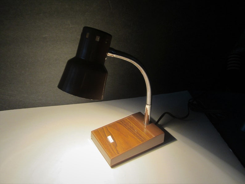 Gooseneck Retro Desk Lamp Brown Shade Faux Wood Base image 6