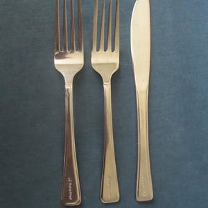 May include: Three pieces of silverware: two forks and a knife. The forks have four tines each. The knife has a rounded blade. All pieces are silver-colored and have a simple, elegant design. The background is a solid blue.