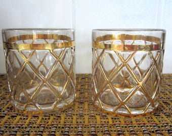 ALTUZARRA Pair of  3-1/2" High Cocktail Glasses MCM Gold Lattice