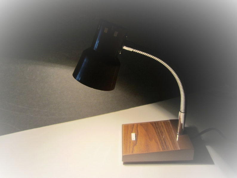 Gooseneck Retro Desk Lamp Brown Shade Faux Wood Base image 5