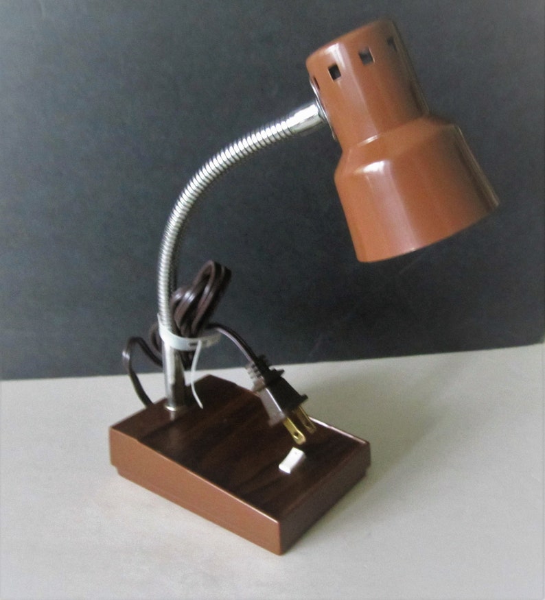 Gooseneck Retro Desk Lamp Brown Shade Faux Wood Base image 2