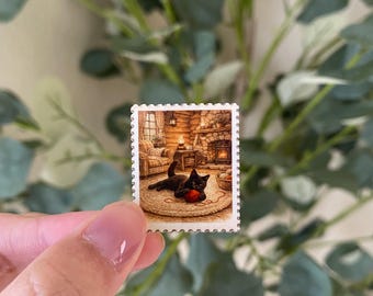 Pegatina con sello de hilo de gato negro: Vinilo decorativo estilo cabaña acogedora.