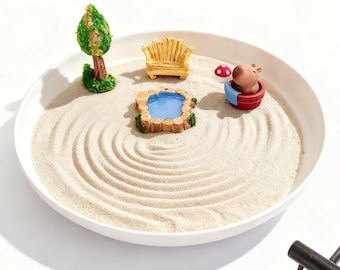 Kit de minijardín zen con estanque, árbol, banco, figura de animal y decoración de escritorio.