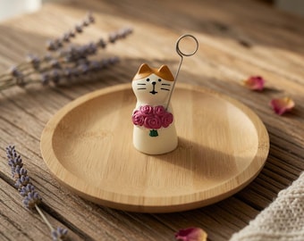 Plato para anillos de bambú con forma de gato, con soporte para notas/organizador de joyas, decoración de escritorio.