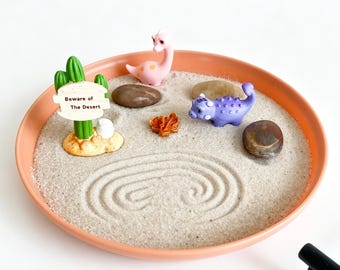 Kit de jardín zen de dinosaurios, mini bandeja de arena de escritorio, decoración de escritorio kawaii, juguete antiestrés.