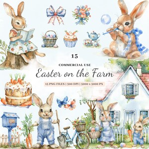 Pasen op de boerderij clipart konijn paaseieren lente aquarel huisje kern transparante PNG commercieel gebruik digitale stickers downloaden