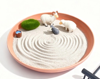 Mini jardín zen con figuras de ovejas: bandeja de arena japonesa para meditación