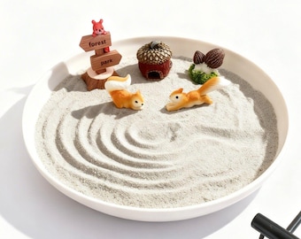 Kit de jardín zen en miniatura con ardilla del bosque y bandeja de arena de 18,8 cm (7,4 pulgadas), animal del bosque