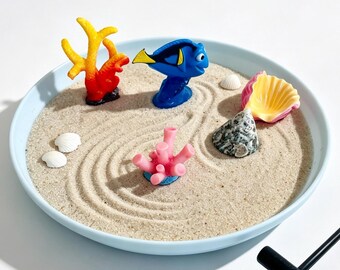 Jardín Zen Oceánico, Arenero de Escritorio, Peces Azules, Corales, Conchas Marinas, Decoración de Escritorio, Regalo para la Conciencia Plena