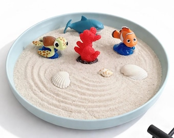 Mini kit de jardín zen oceánico con animales marinos, bandeja de arena para decoración de escritorio, regalo relajante.