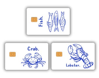 Pegatina de vinilo para tarjeta de crédito con diseño de mariscos, peces del océano, cangrejos y langostas. Regalo estético y bonito hecho a mano.