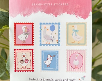 Pegatinas de gansos estilo sello HappyGoose, artículos de manualidades para agendas y diarios en tonos pastel.