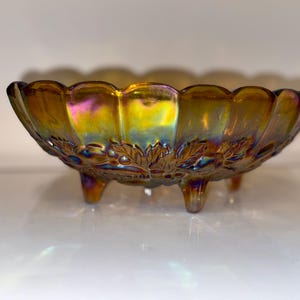 vintage Indiana Iridescent Carnival Glass Harvest Grape Footed Fruit Bowl