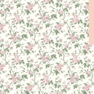 May include: A floral pattern featuring pink roses and green leaves on a cream background. A peach-colored square with a gold house outline and the letter "A" in the center is superimposed on the floral design. The overall theme is a vintage floral pattern.