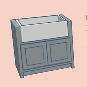May include: A 1:12 scale kitchen sink cabinet in a light grey colour. The cabinet has two doors and a white sink basin. The text on the image reads "1:12 SCALE KITCHEN SINK CABINET" and "STL FILE - INSTANT DOWNLOAD".