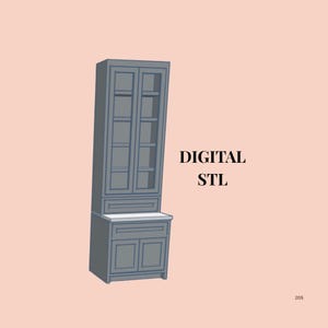May include: A tall, dark gray hutch cabinet featuring an upper section with glass-paneled doors and interior shelving, a central countertop, and a lower base with a drawer and two cabinet doors. The text DIGITAL STL is displayed to the right.