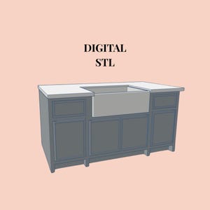 Puede incluir: Una ilustración de archivo STL digital de una isla de cocina con un fregadero de granja gris claro en una encimera blanca, apoyado por una base de gabinete gris oscuro con varias puertas y cajones, sobre un fondo de color melocotón.