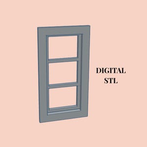 May include: A gray rectangular window frame featuring three vertical stacked panes within a single frame structure. The object is presented as a 3D model with the text DIGITAL STL displayed clearly to the right of the window frame design.