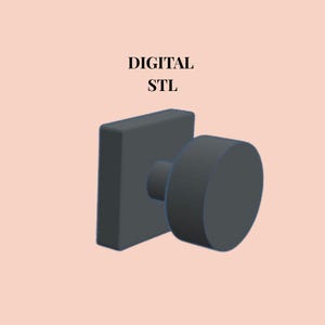 May include: A dark gray digital STL file representation of a door knob featuring a square backplate and a cylindrical handle. The text DIGITAL STL is displayed in black above the object against a solid light peach background.