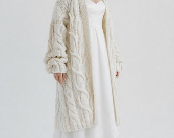 Handgestrickte Alpaka Lange Strickjacke, Luxus Hochzeit Strickjacke, Weisser Braut Pullover, Handgemachtes Frauen Geschenk, Weiche Alpaka Jacke