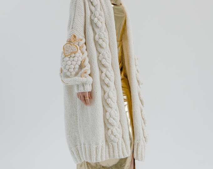 Featured listing image: Alpaca long cardigan jacket with grapes - fruit of the gods