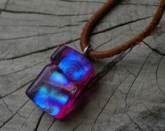 pretty in pink fused dichroic glass pendant on leather