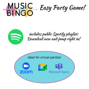 Op de afbeelding: Een kleurrijke afbeelding met de tekst "MUSIC BINGO" en de woorden "Easy Party Game!"  De afbeelding bevat ook een groen Spotify-logo en de tekst "includes public Spotify playlist: Download now and jump right in!"  De afbeelding bevat ook een blauwe cirkel met de tekst "Ideaal voor virtuele feestjes!" en logo's voor Zoom, Google Meet en Microsoft Teams.
