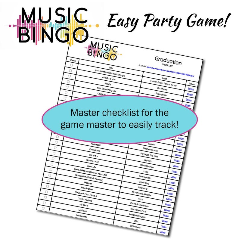 Op de afbeelding: Een afdrukbare muziekbingo-spelchecklist voor een afstudeerfeest. De checklist bevat een kolom voor de titel van het nummer, de artiest en een selectievakje om het nummer af te vinken zodra het wordt afgespeeld. De checklist bevat nummers als "Ain't No Mountain High Enough", "All I Do Is Win", "Best Day Of My Life", "Graduation (Friends Forever)", "Good Riddance (Time of Your Life)", "Hey Brother", "I Gotta Feeling", "Lean On Me" en meer.