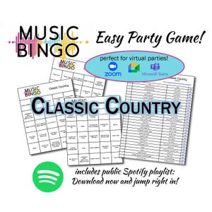 Bingo à musique country classique - Jeu de société virtuel - 30 cartes uniques - Liste de lecture Spotify - Facile à jouer