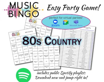 80s Country Music Bingo – 30 Unique Cards, Spotify Playlist (Digital Download)