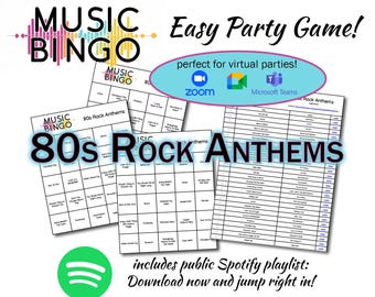Jaren 80 Rock Anthems Muziek Bingo – 30 unieke kaarten (digitale download)