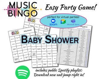 Muziekbingo babyshower – 30 unieke kaarten, Spotify-afspeellijst (digitale download)