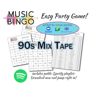 90s Mix Tape Music Bingo - Jogo de festa virtual - 30 cartas exclusivas - Lista de reprodução do Spotify - Fácil de jogar